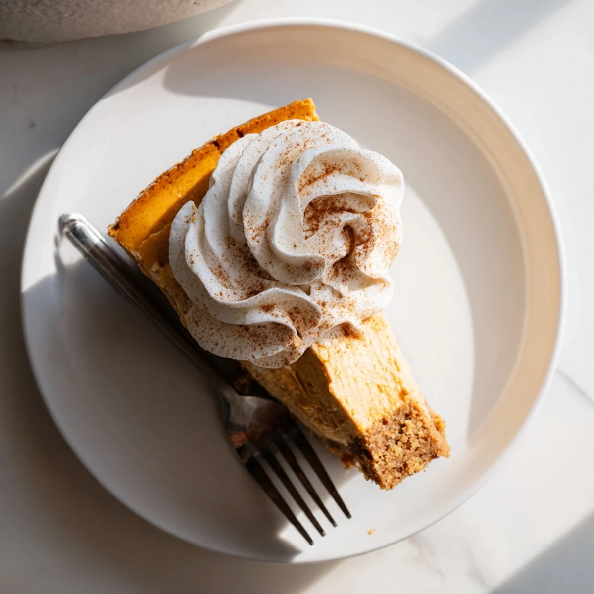 Golden pumpkin spice Christmas cheesecake slice with whipped cream and cinnamon dusting on white plate
