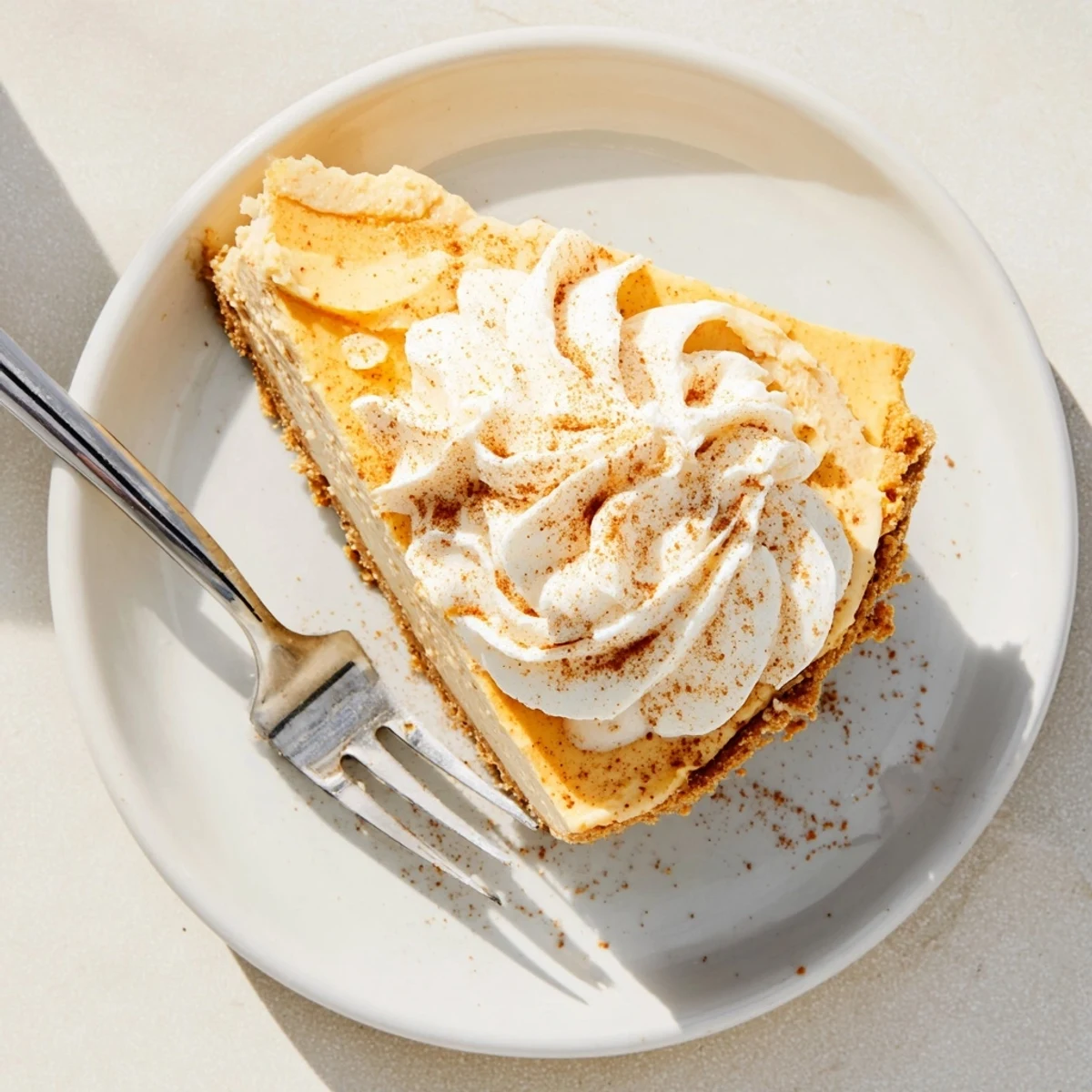 Festive holiday dessert showing thick slice of pumpkin spice Christmas cheesecake with spiced crust and fluffy cream topping