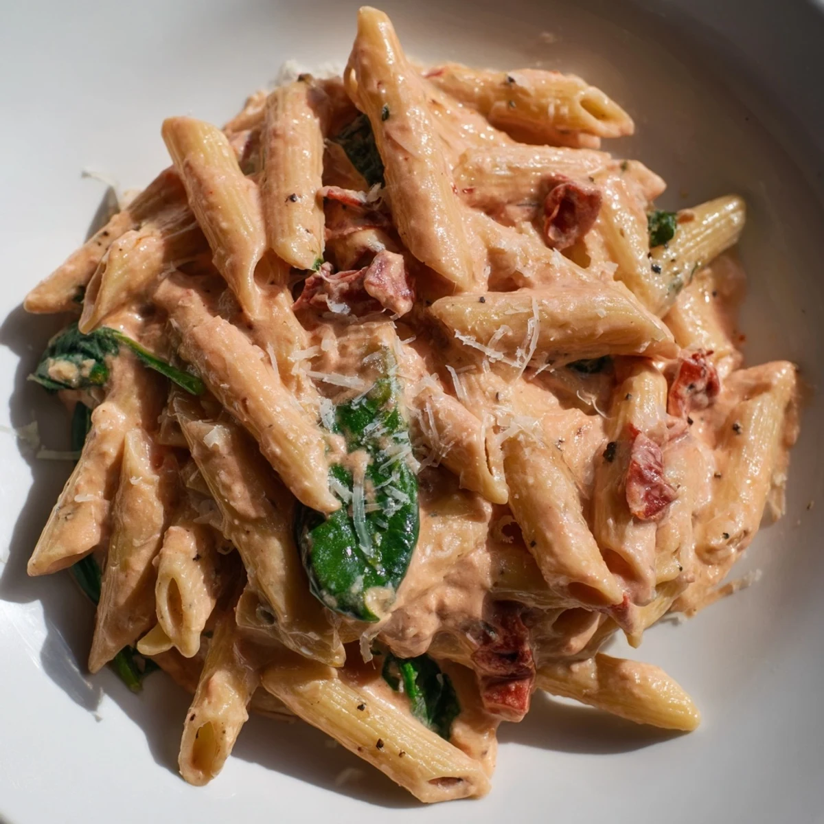 Creamy sun dried tomato spinach pasta in a rustic skillet with vibrant green wilted leaves and rich sauce