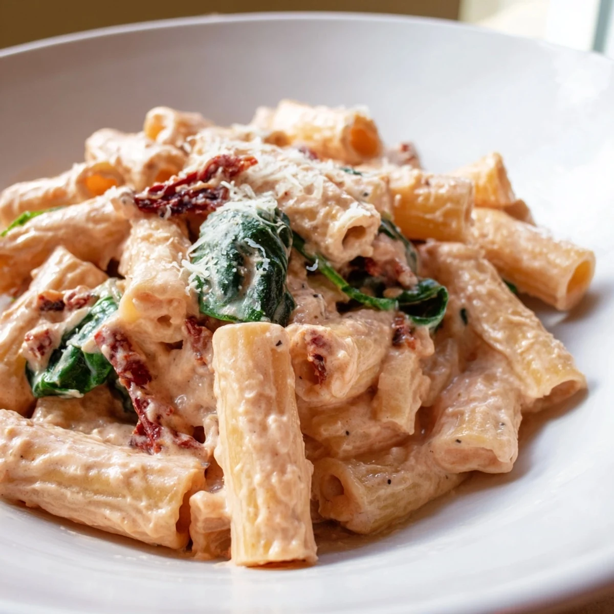 One pan creamy sun dried tomato spinach pasta twirled in velvety sauce topped with Parmesan cheese