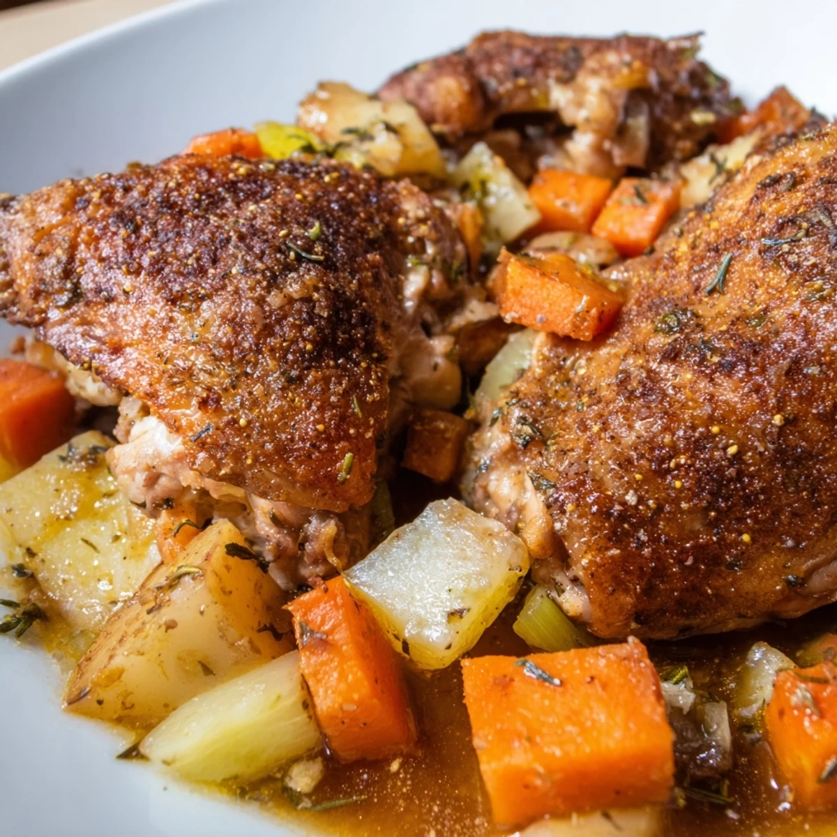 Slow Cooker Chicken Dinner with tender vegetables in savory herb sauce ready to serve