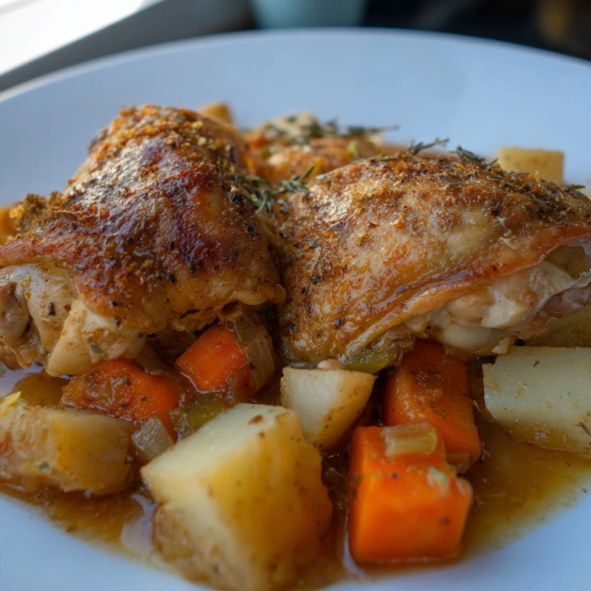 Golden brown Slow Cooker Chicken Dinner nestled among carrots potatoes and fragrant rosemary