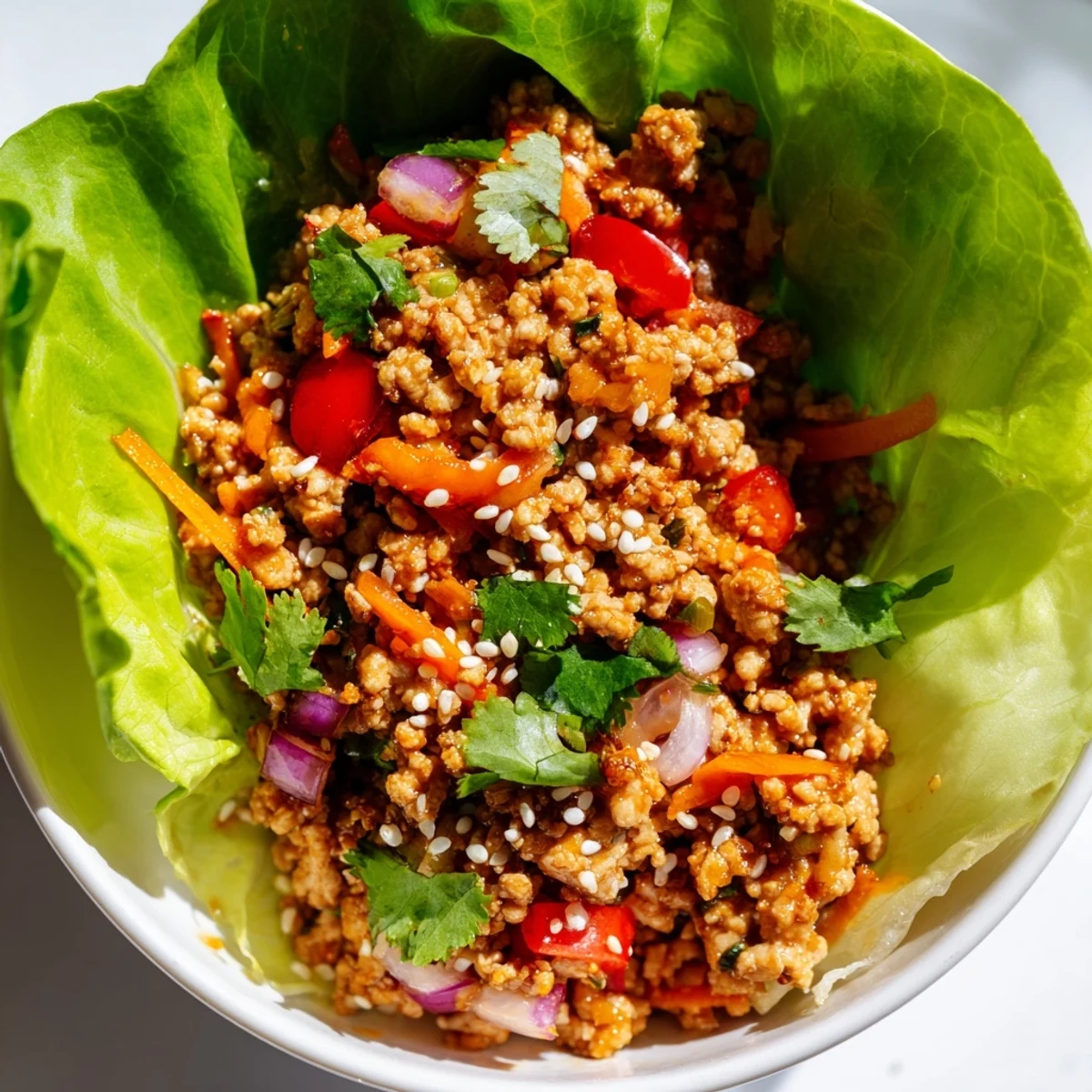 Seasoned ground turkey filling spooned into crisp romaine lettuce cups with fresh vegetables