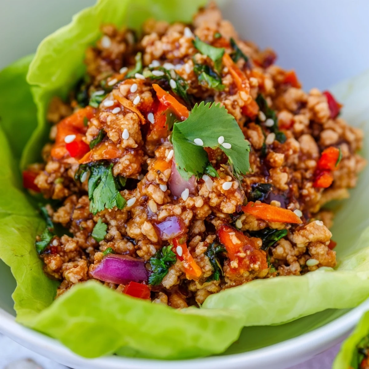 Healthy ground turkey lettuce wrap bowls topped with sesame seeds and cilantro