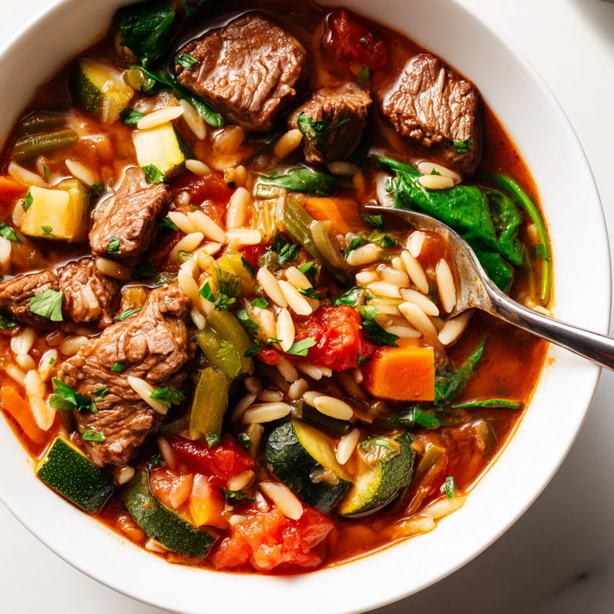 Steaming bowl of hearty beef and orzo soup brimming with colorful garden vegetables
