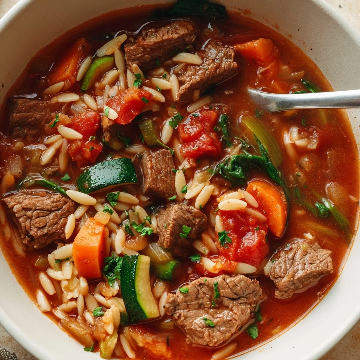 Hearty beef and orzo soup with tender meat chunks and fresh spinach garnish