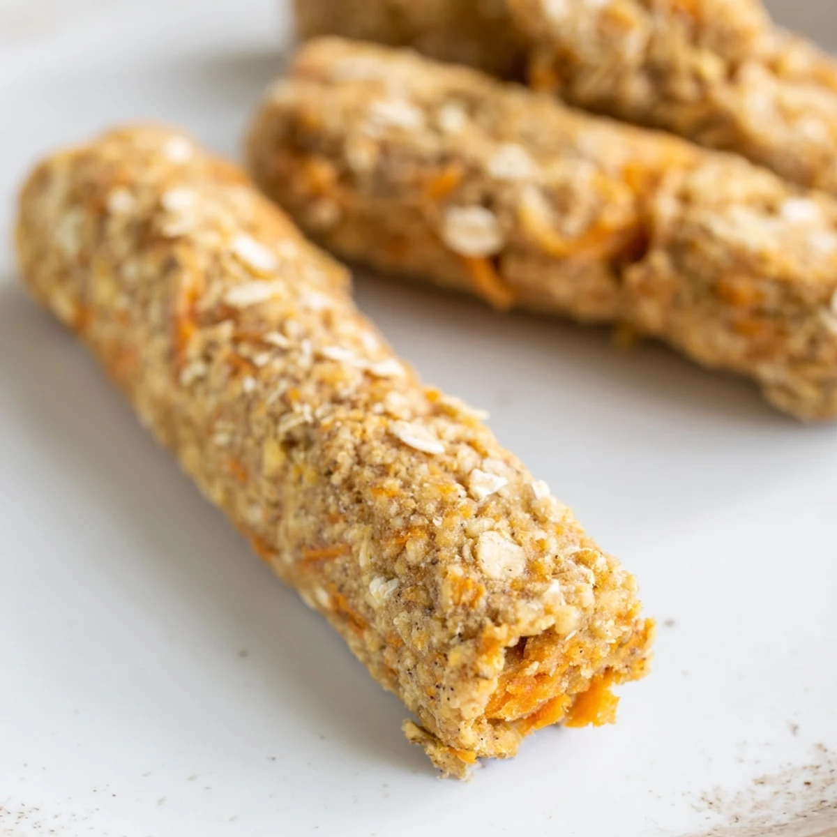Golden homemade carrot and apple dog chew sticks arranged on a rustic baking sheet