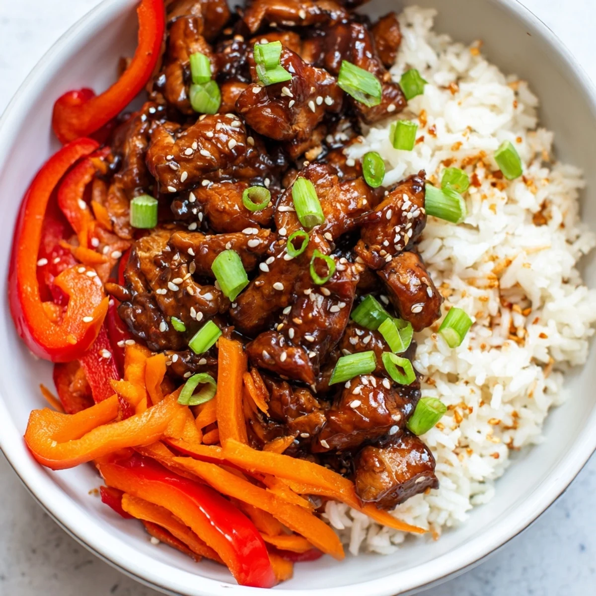 One Pan Korean BBQ Chicken and Rice served steaming in a cast iron skillet with sesame garnish