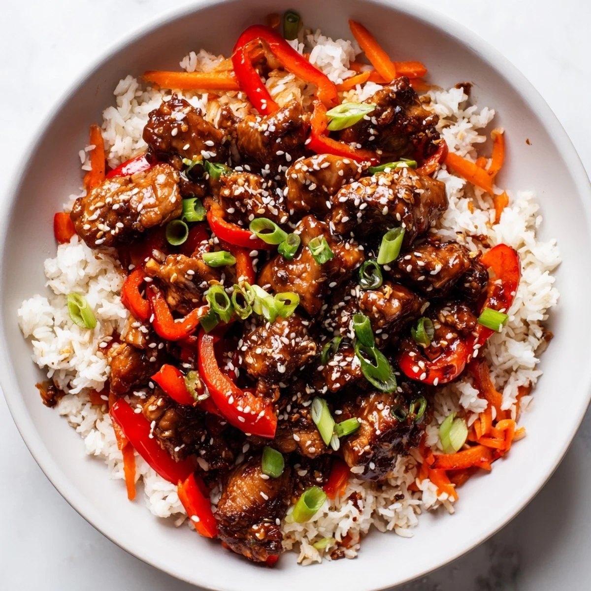 Caramelized One Pan Korean BBQ Chicken and Rice topped with fresh scallions and sesame seeds