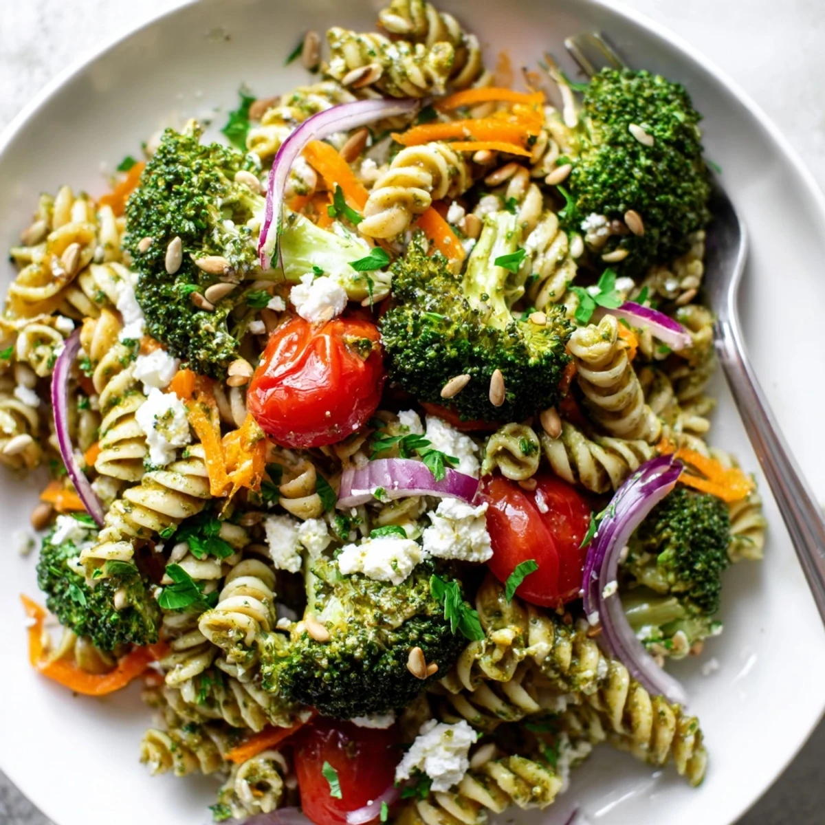 Fresh broccoli pasta salad tossed with cherry tomatoes and tangy lemon dressing