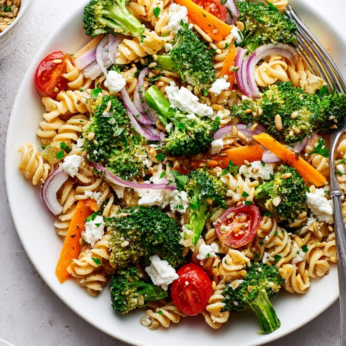 Colorful broccoli pasta salad served in a bowl with crumbled feta on top