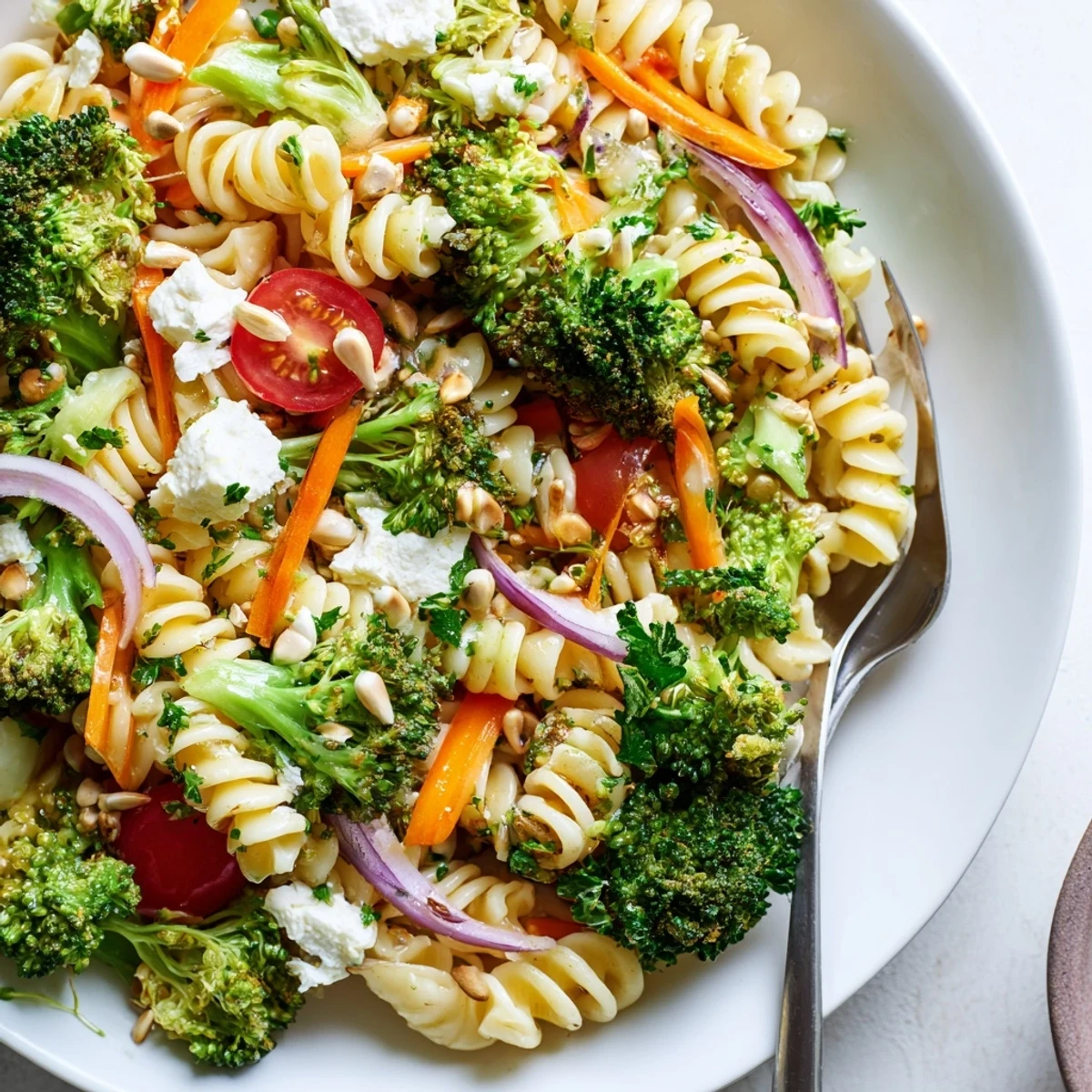 Crisp broccoli pasta salad garnished with sunflower seeds and fresh parsley leaves