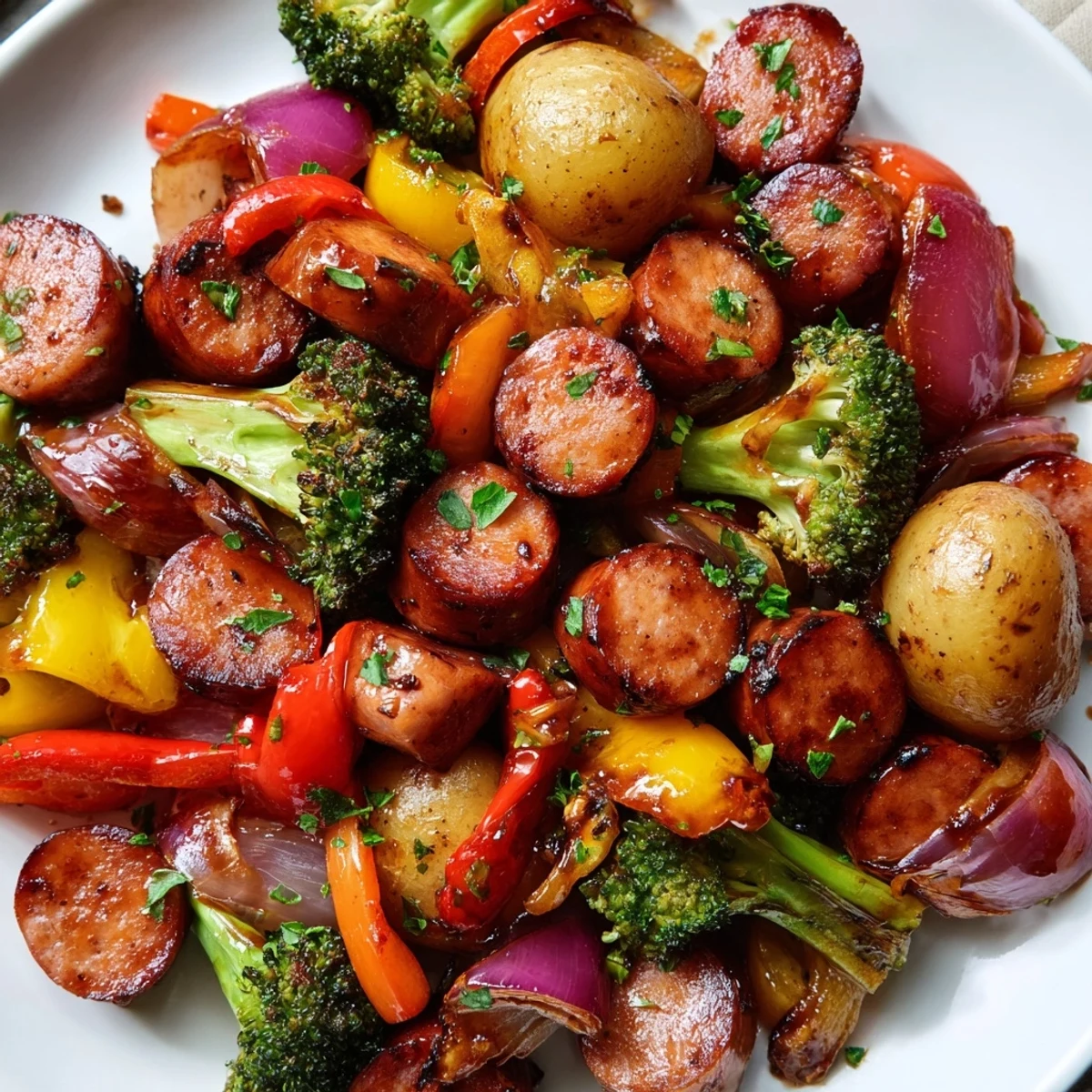 Caramelized honey garlic kielbasa with colorful roasted vegetables on a sheet pan