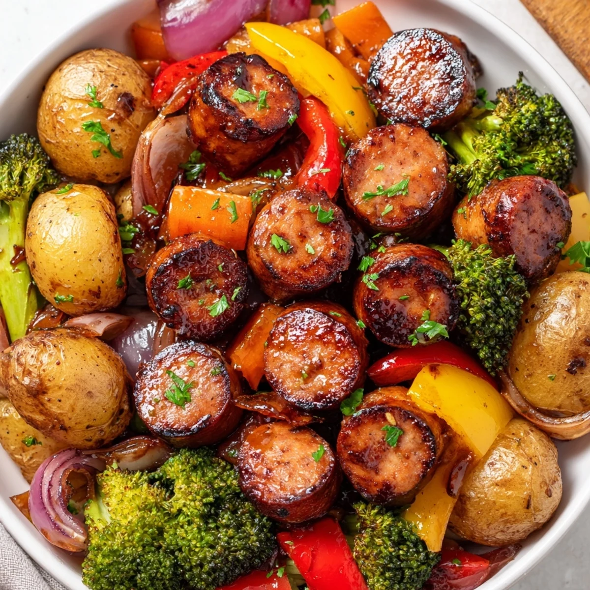 Smoky honey garlic kielbasa surrounded by golden potatoes and vibrant roasted vegetables