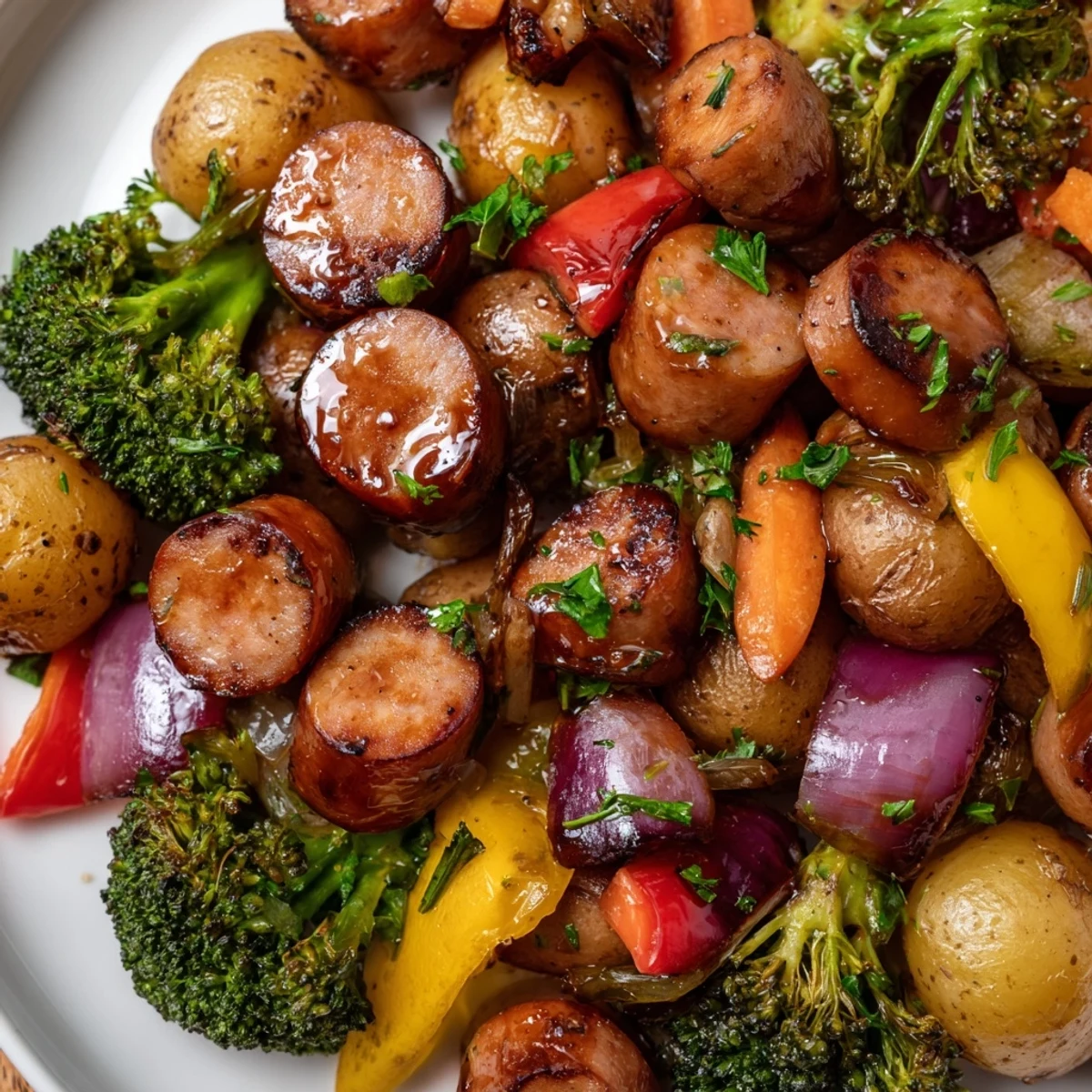 Honey garlic kielbasa and tender crisp veggies glazed and ready to serve