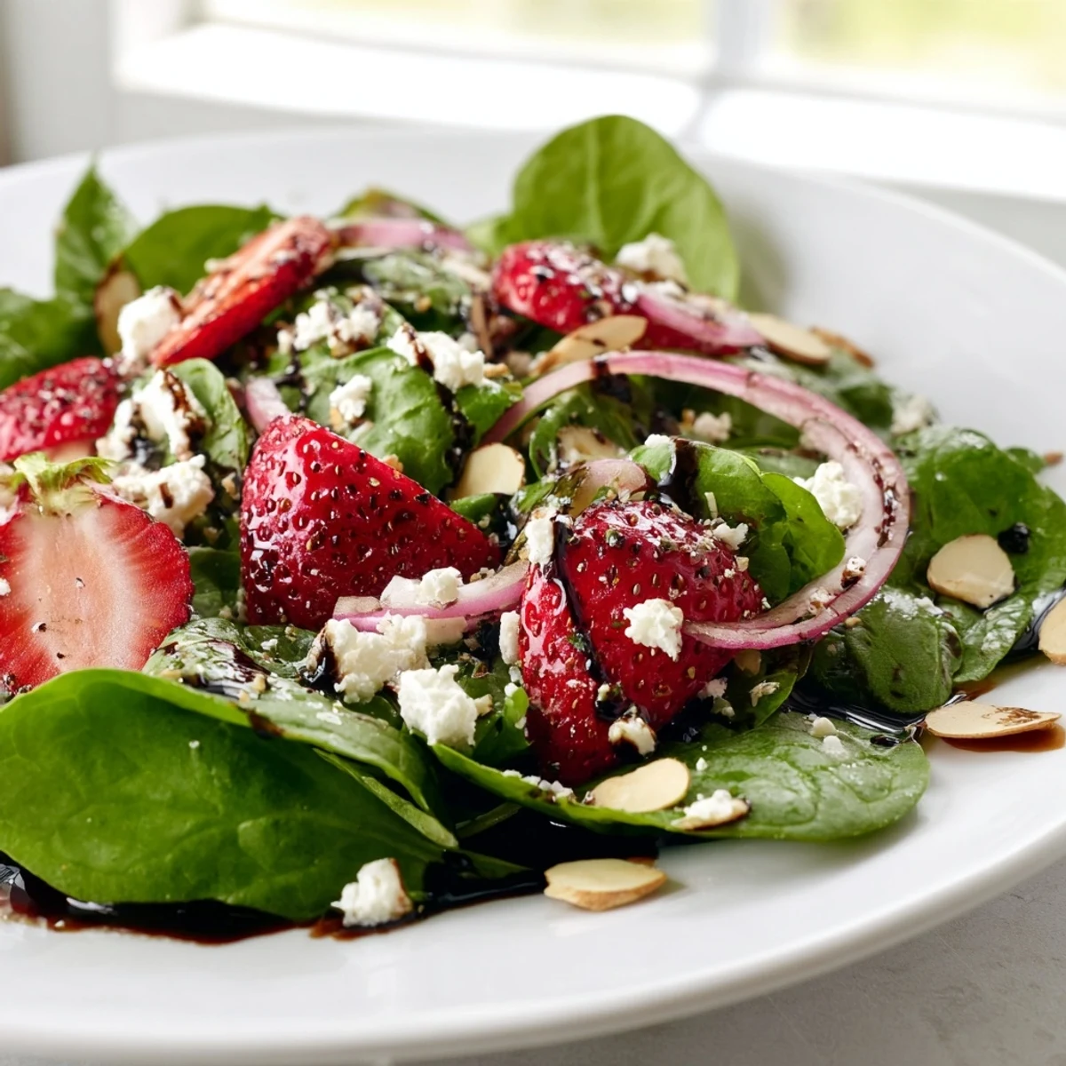 Fresh strawberry spinach salad topped with crumbled feta and toasted almonds on a white plate