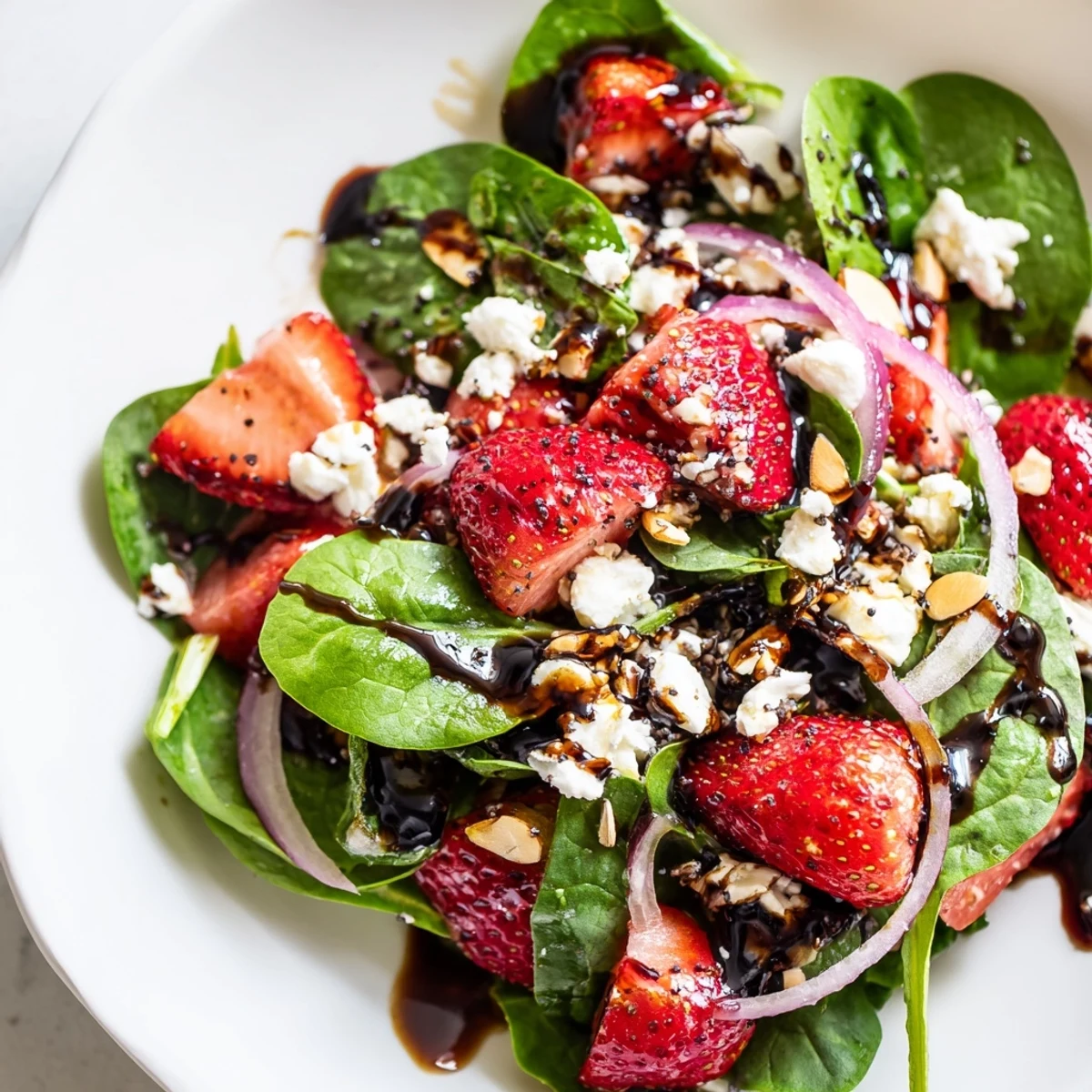 Vibrant strawberry spinach salad with glossy balsamic poppy seed dressing drizzled over tender greens