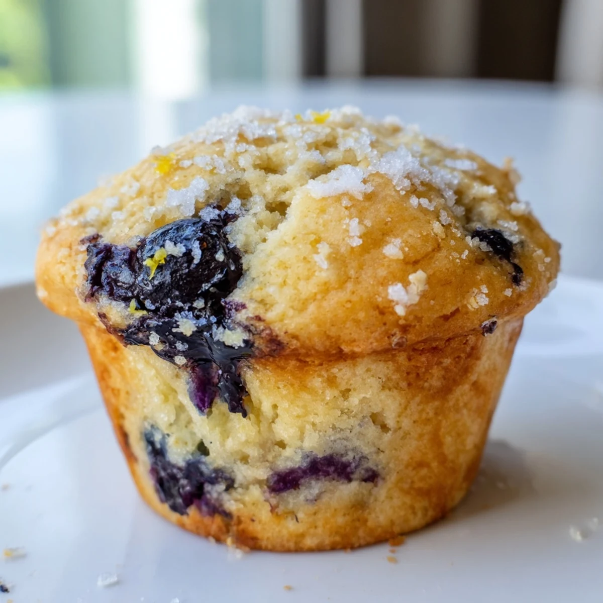 Golden lemon blueberry muffins with sparkling sugar tops fresh from the oven