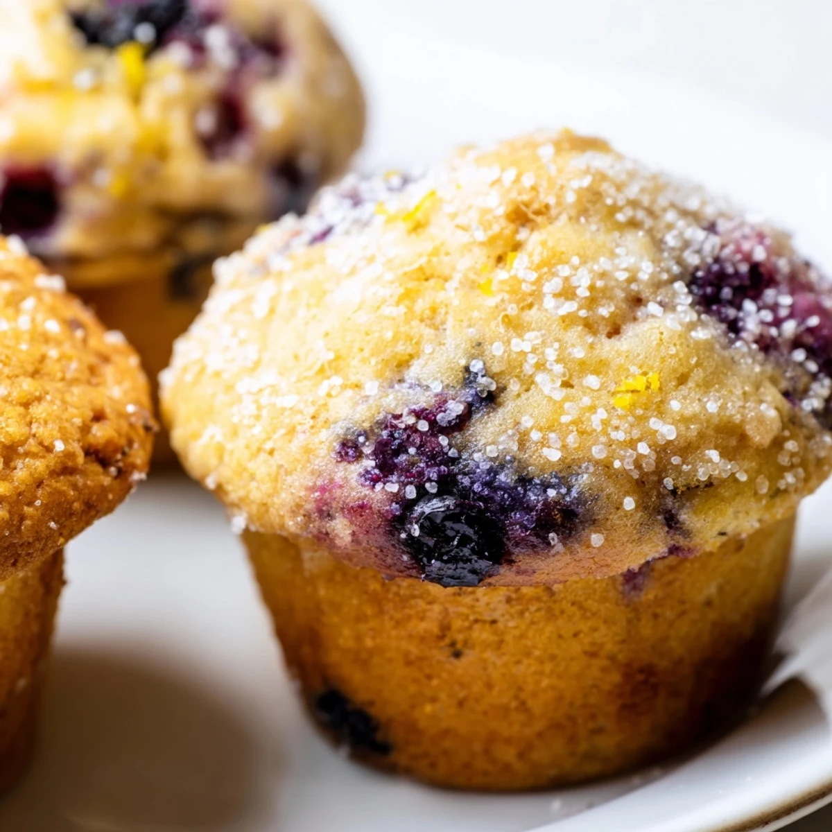 Moist lemon blueberry muffins studded with plump berries on a white plate