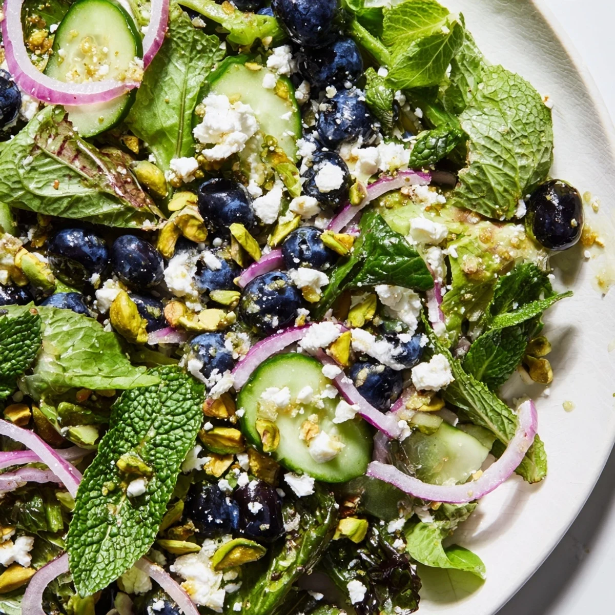 Fresh blueberry pistachio spring salad topped with crumbled feta and zesty lemon dressing