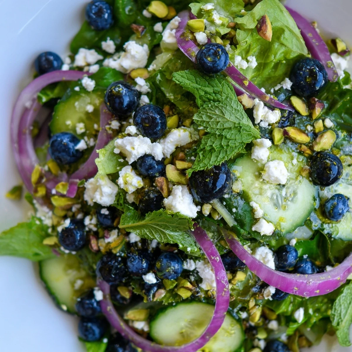 Vibrant blueberry pistachio spring salad featuring crisp greens cucumber and sweet juicy berries