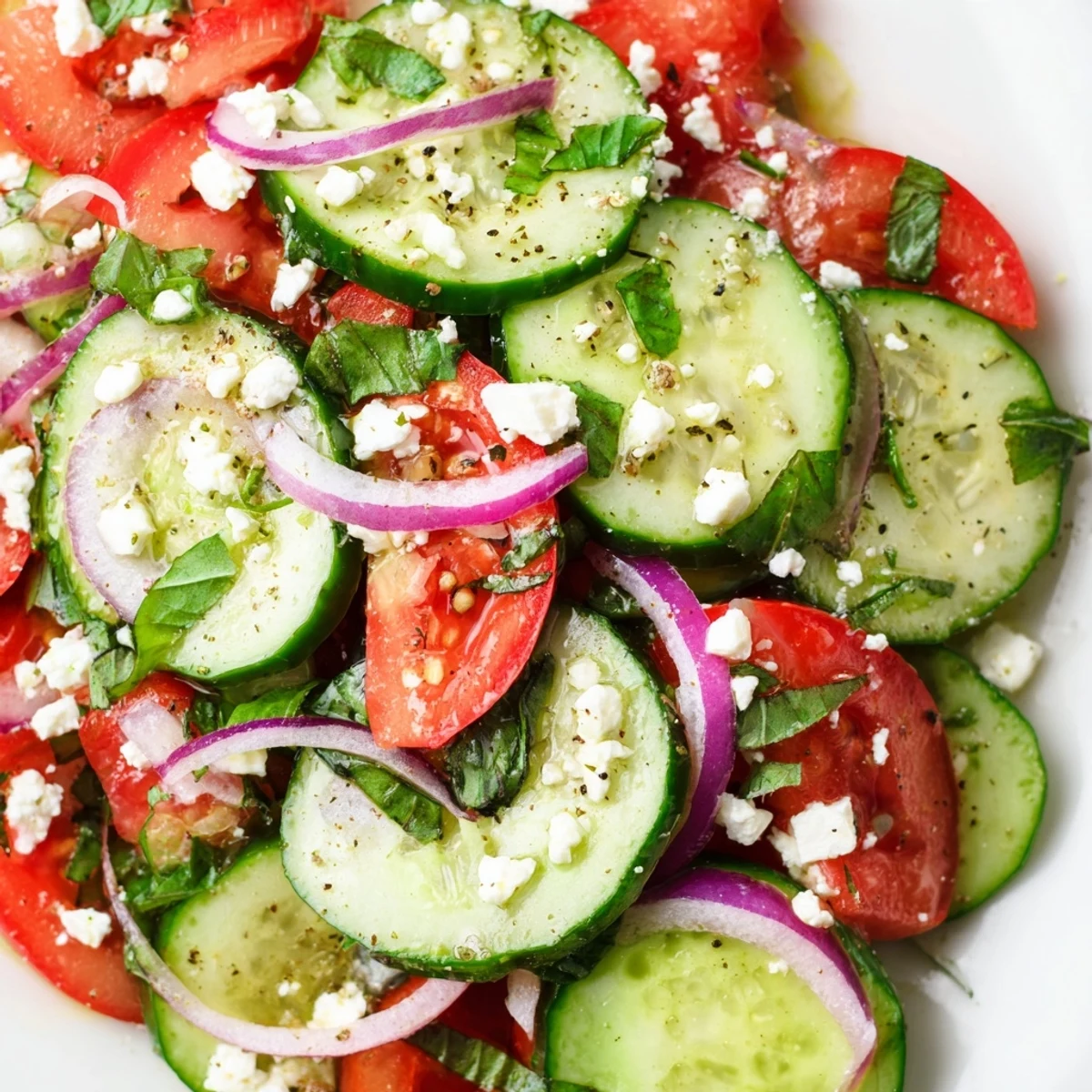 Italian cucumber salad with crisp vegetables and glossy herb dressing in serving bowl