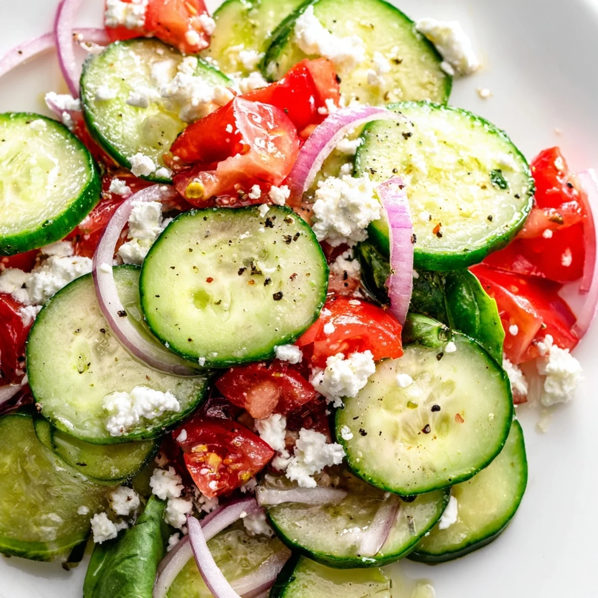 Fresh Italian cucumber salad featuring ripe tomatoes and thinly sliced red onions