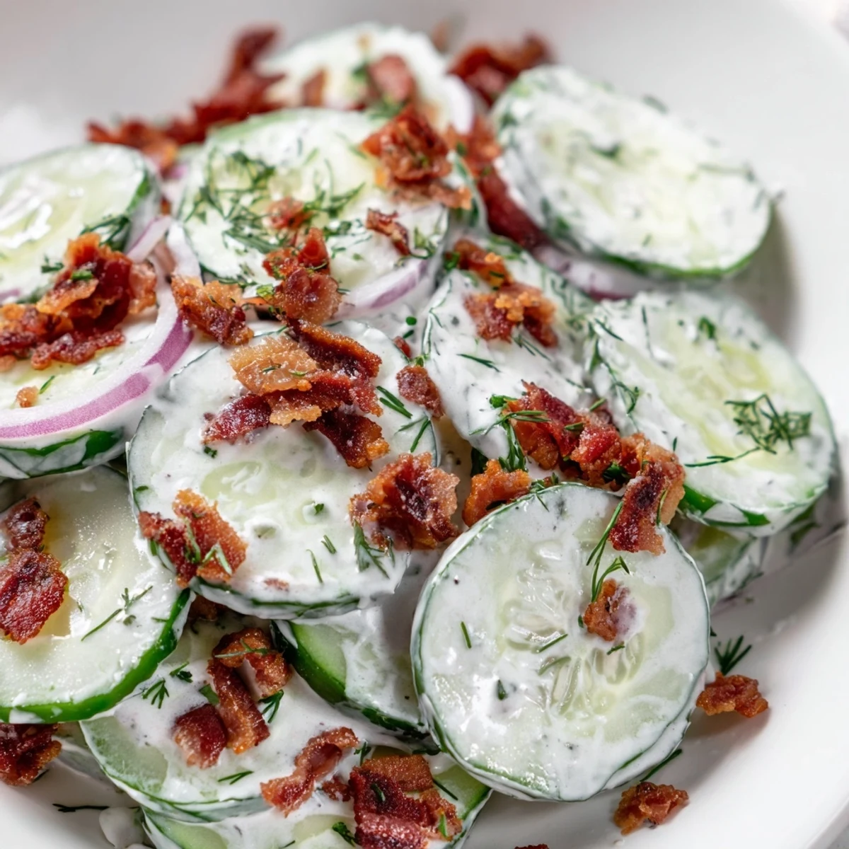 Crisp cucumber salad with crumbled bacon and fresh dill in creamy tangy dressing