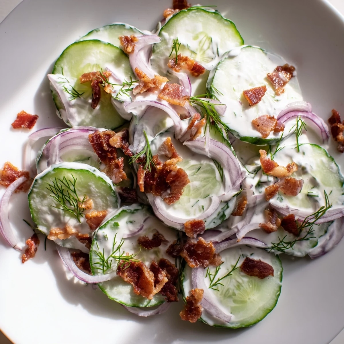 Healthy cucumber salad with bacon featuring thinly sliced red onions and Greek yogurt dressing