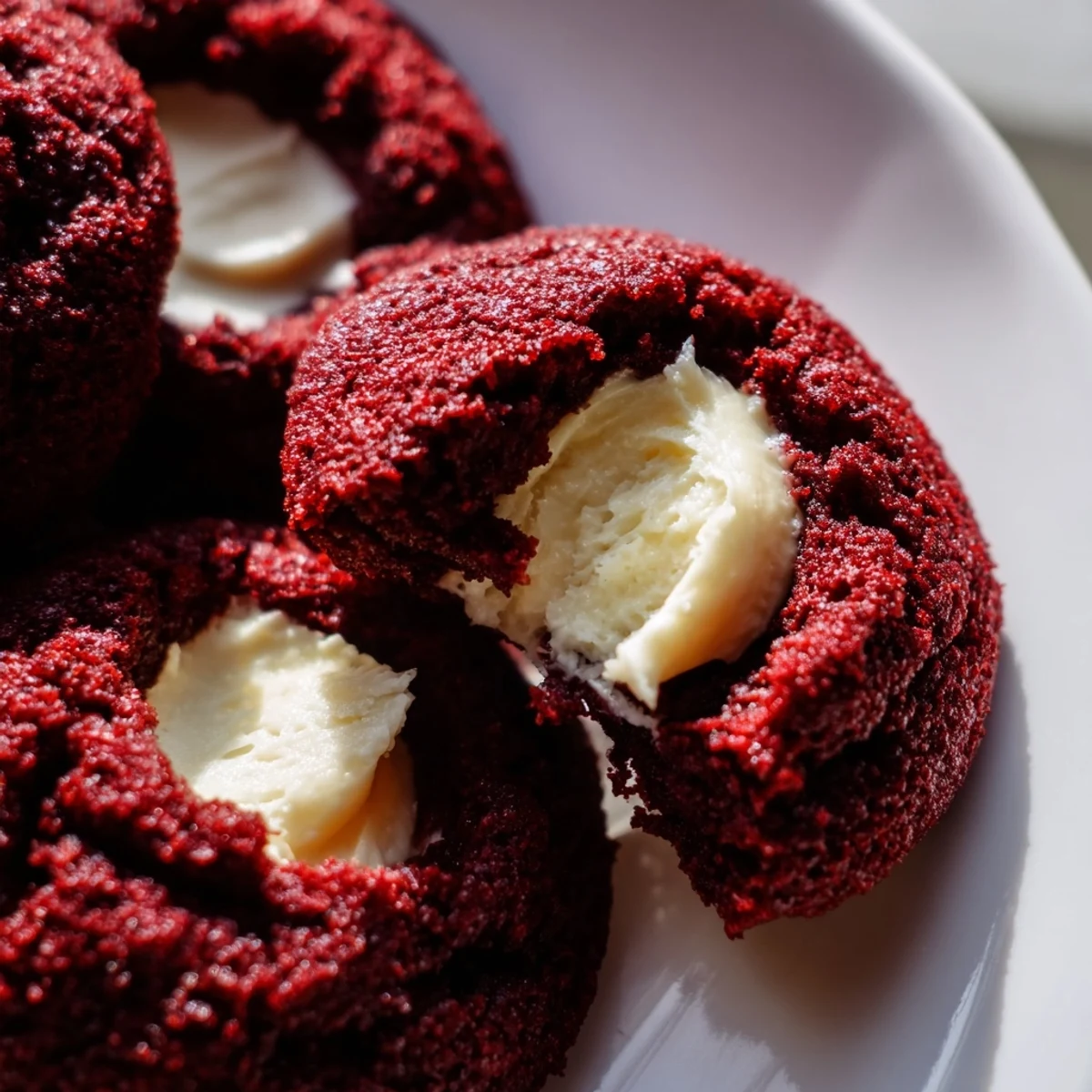 Red velvet thumbprint cookies with creamy cheesecake filling nestled in soft cocoa dough
