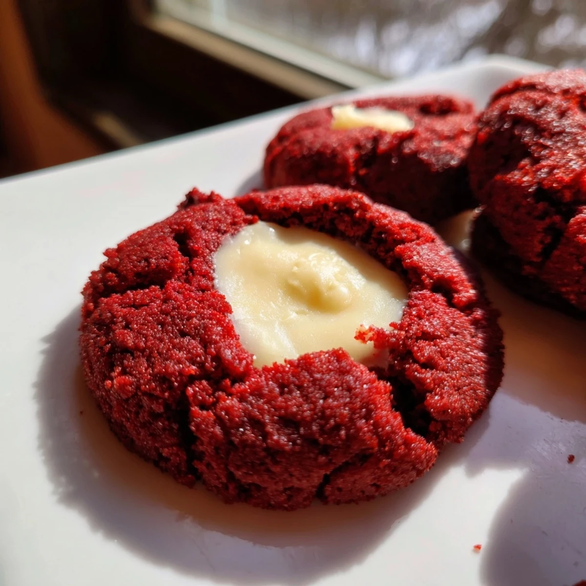 Bright red velvet thumbprint cookies topped with smooth cream cheese centers on parchment
