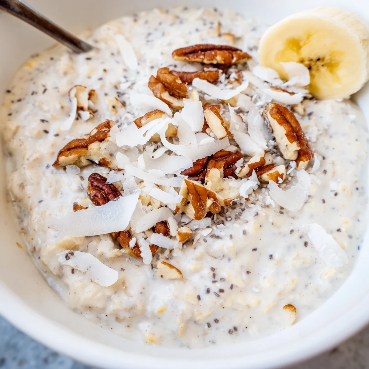 Creamy Coconut Cream Pie Overnight Oats served in a mason jar with toasted coconut flakes