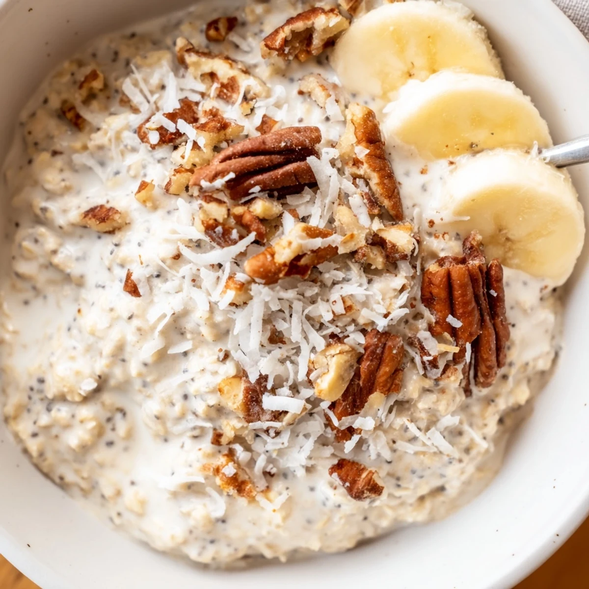 Tropical coconut cream pie overnight oats topped with crunchy pecans and fresh banana slices