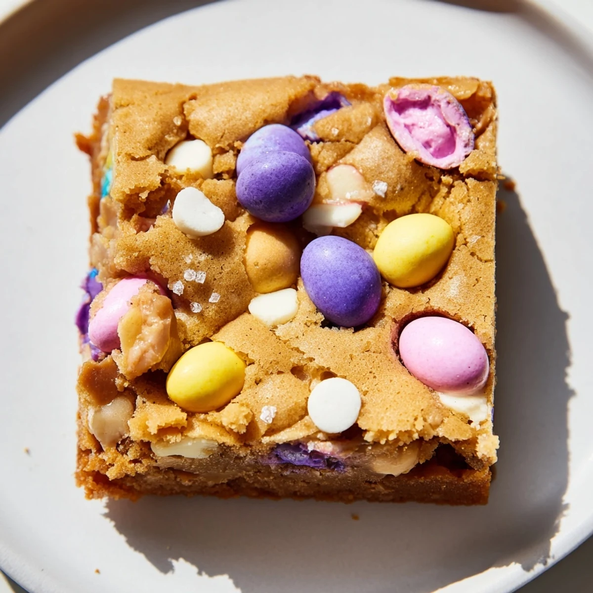 Golden mini Cadbury Easter Egg blondies with colorful candy topping on rustic board