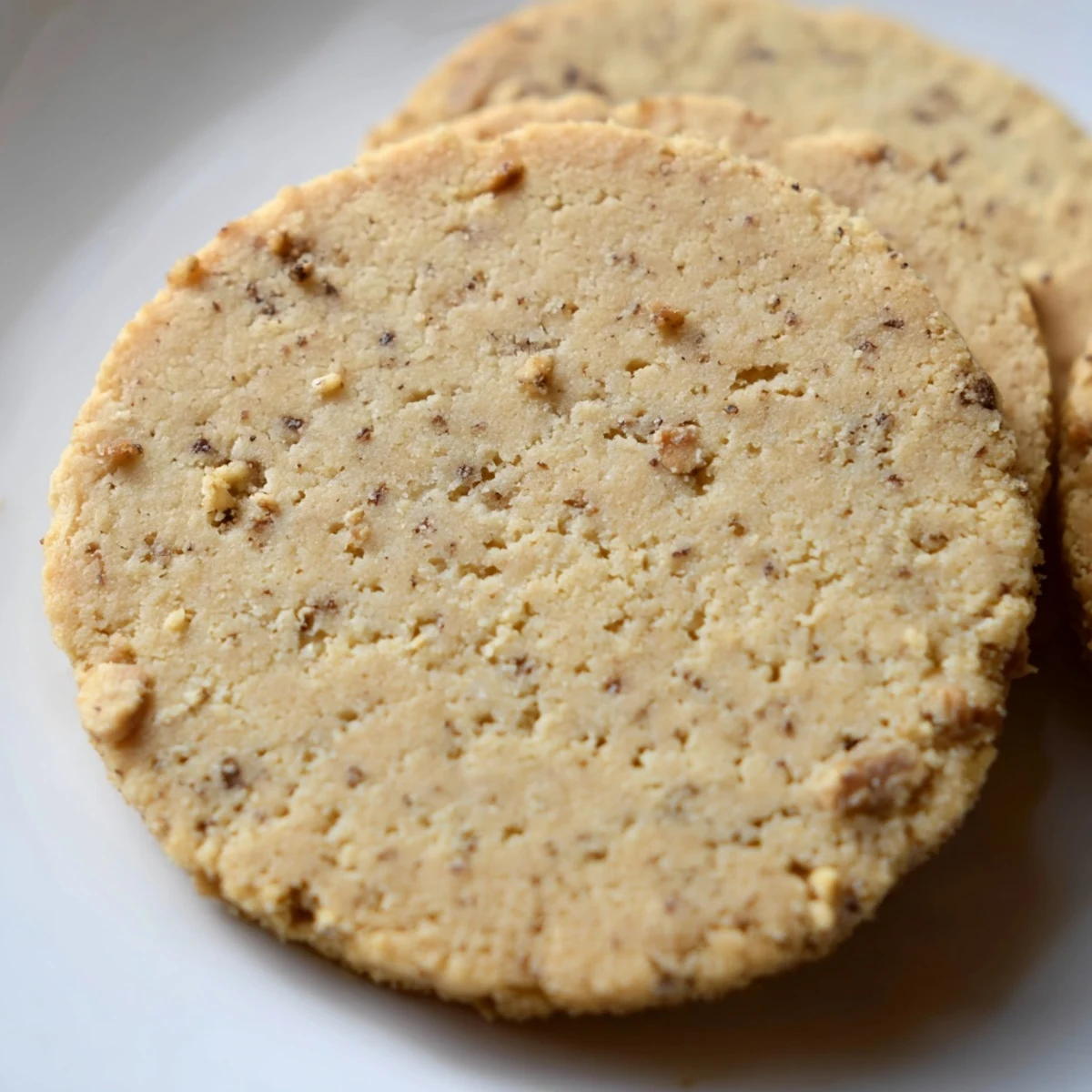 Espresso shortbread cookies with golden toffee bits arranged on a rustic white serving plate