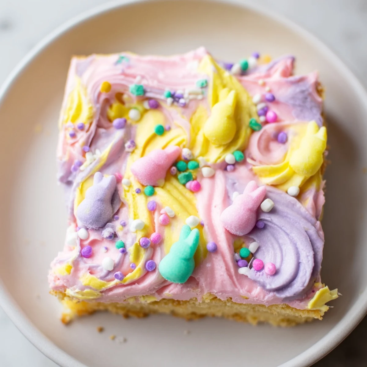 Soft Easter sugar cookie bars with pastel pink frosting and colorful sprinkles on a rustic platter