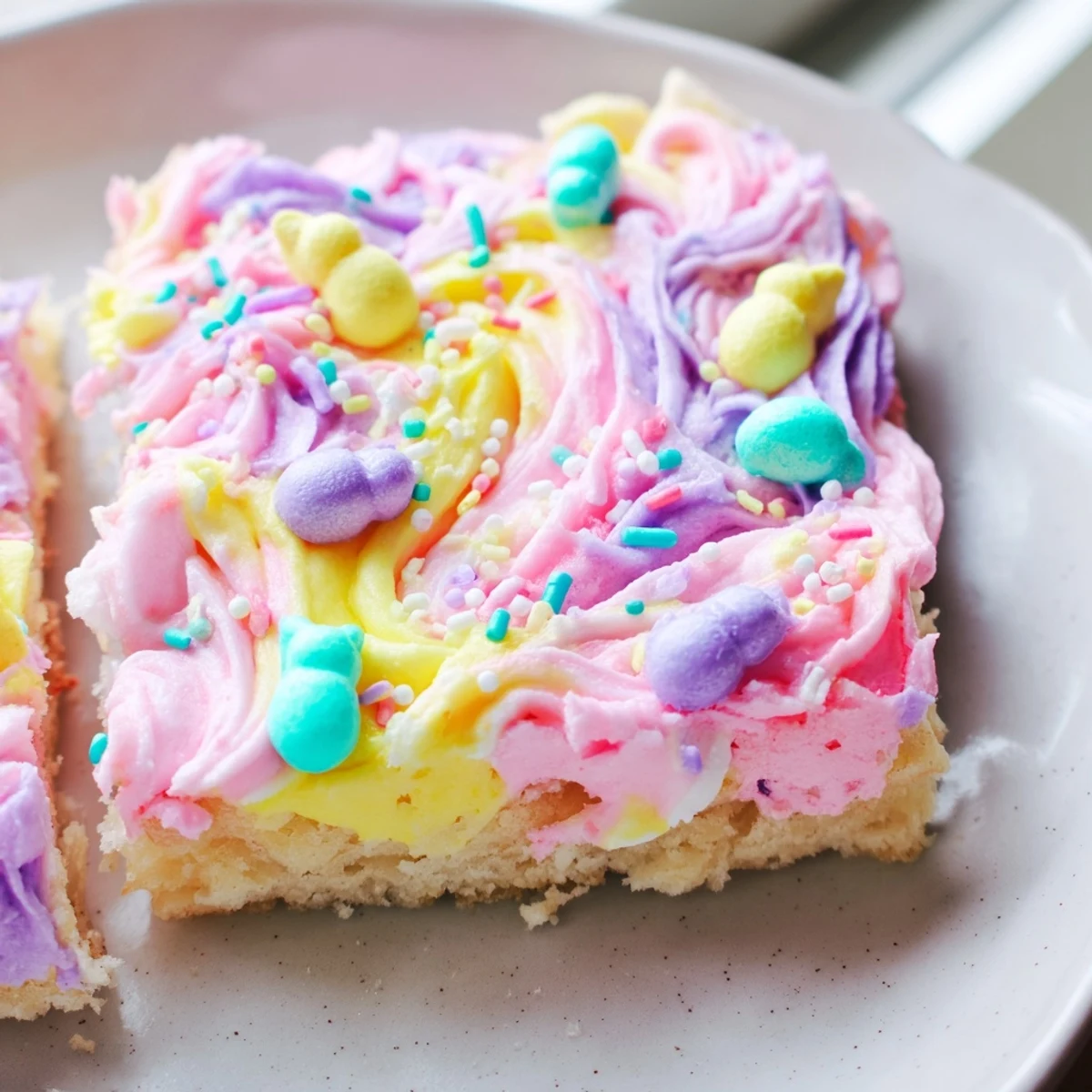 Thick sliced Easter sugar cookie bars swirled with creamy yellow and green frosting topped with festive sprinkles