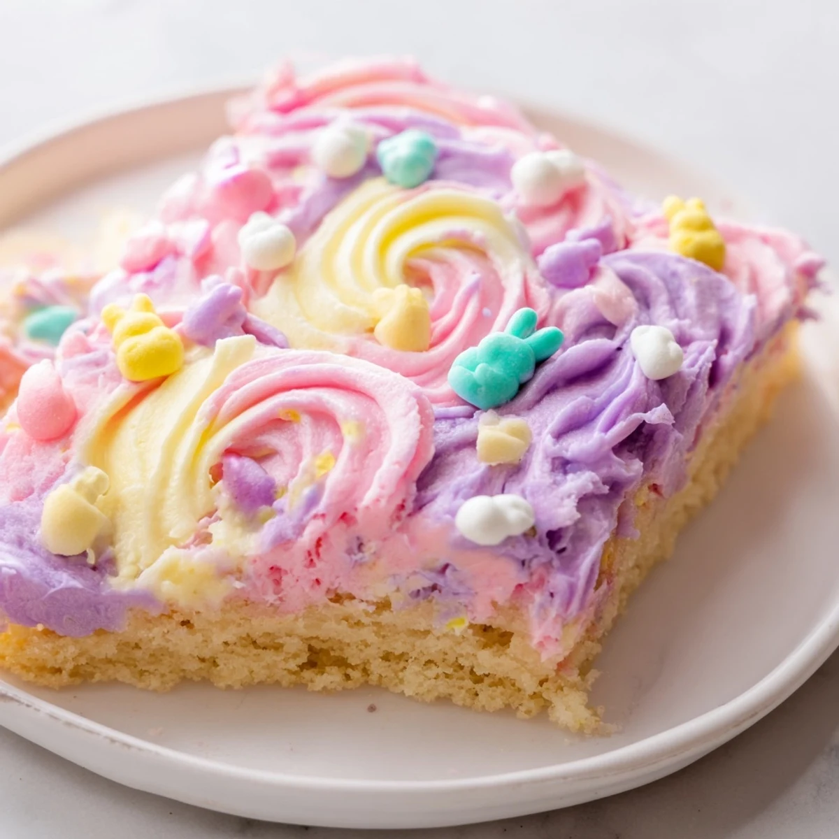 Chewy Easter sugar cookie bars cut into neat squares showing tender golden centers beneath lavender frosting
