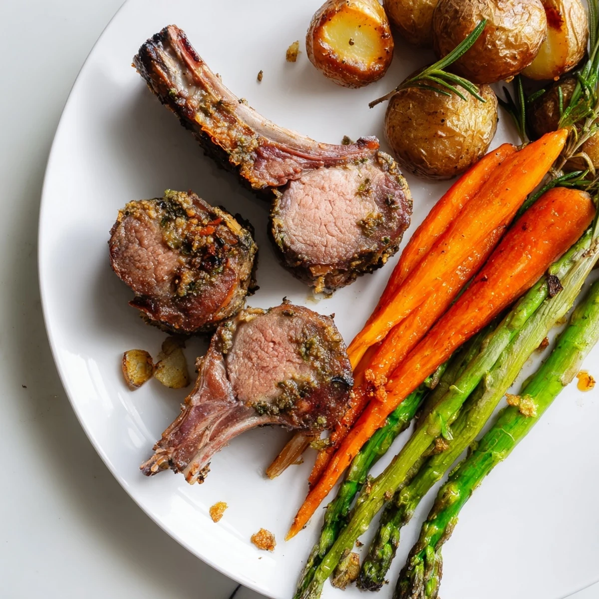 Golden herb-crusted Easter dinner on a sheet pan with roasted lamb and colorful vegetables