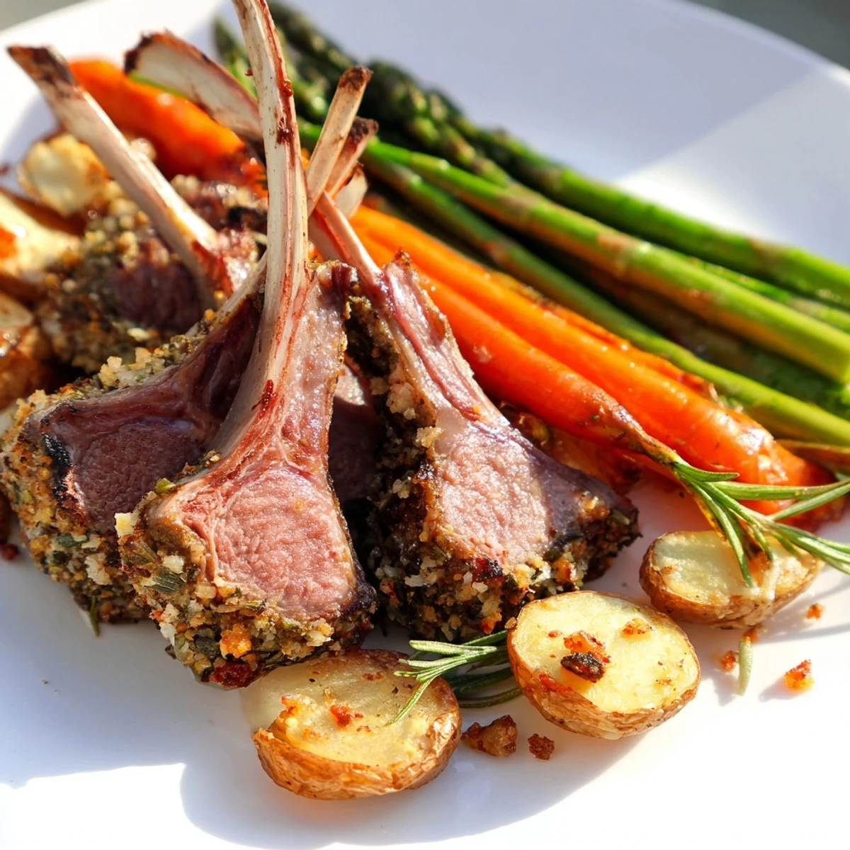 Tender lamb chops nestled among roasted potatoes and asparagus on Easter dinner sheet pan