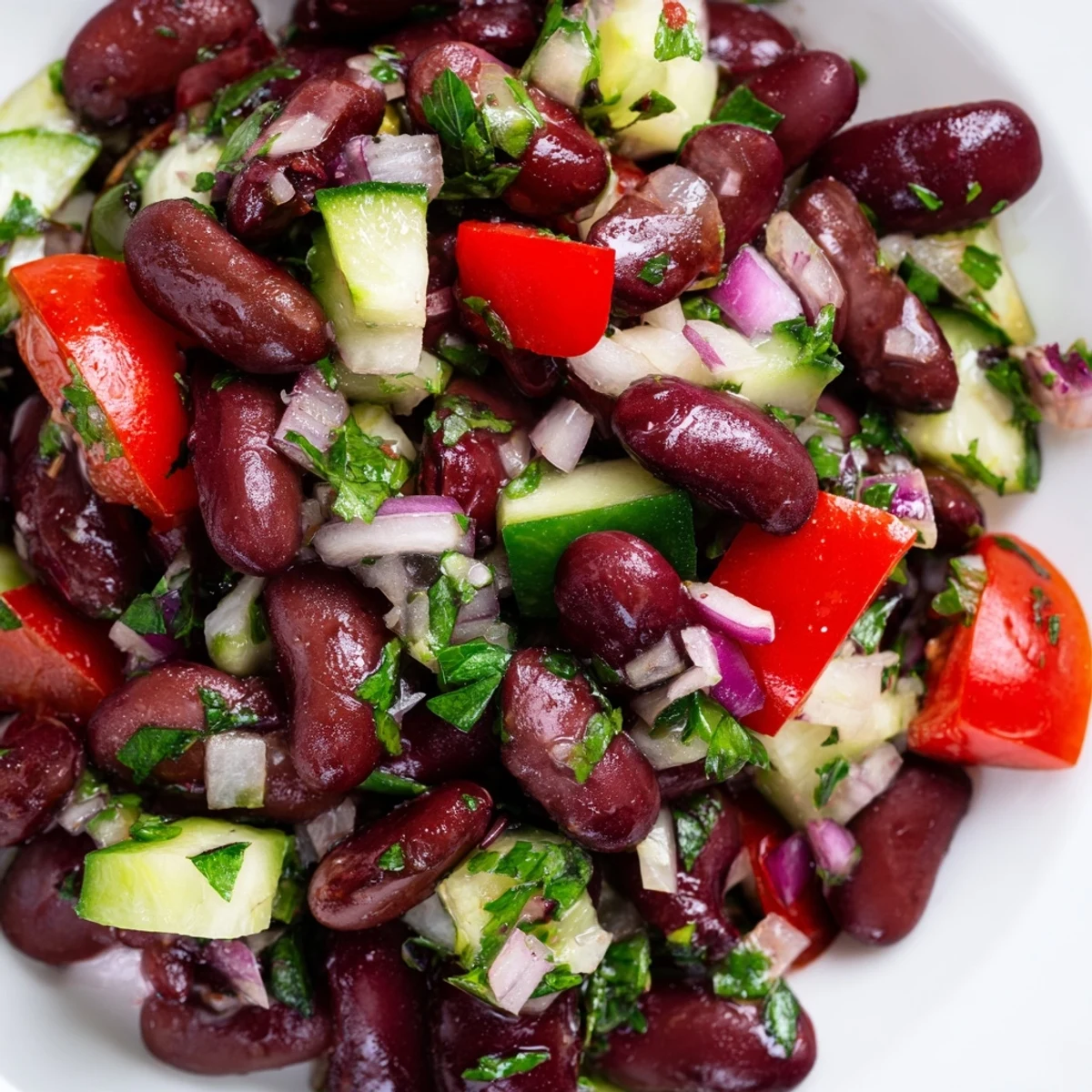 Colorful kidney bean salad with crisp vegetables and tangy vinaigrette in a serving bowl