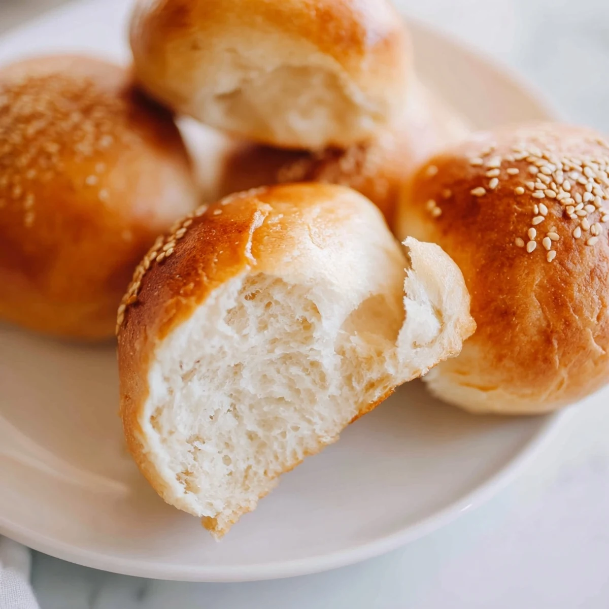 Golden sourdough discard hot dog buns topped with sesame seeds on parchment paper