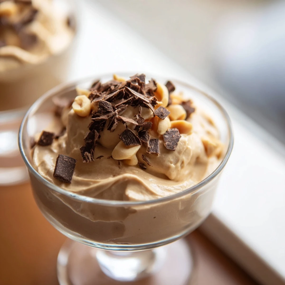 Creamy Peanut Butter and Cool Whip Mousse topped with chocolate shavings in a glass