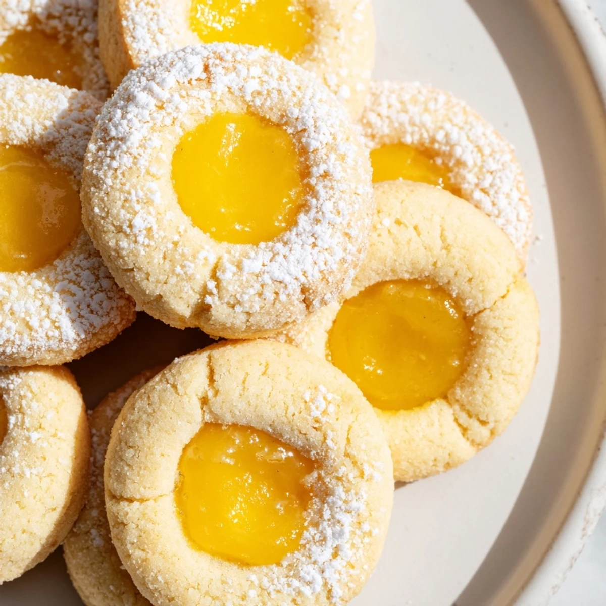 Golden lemon curd cookies with bright yellow filling on a rustic white plate