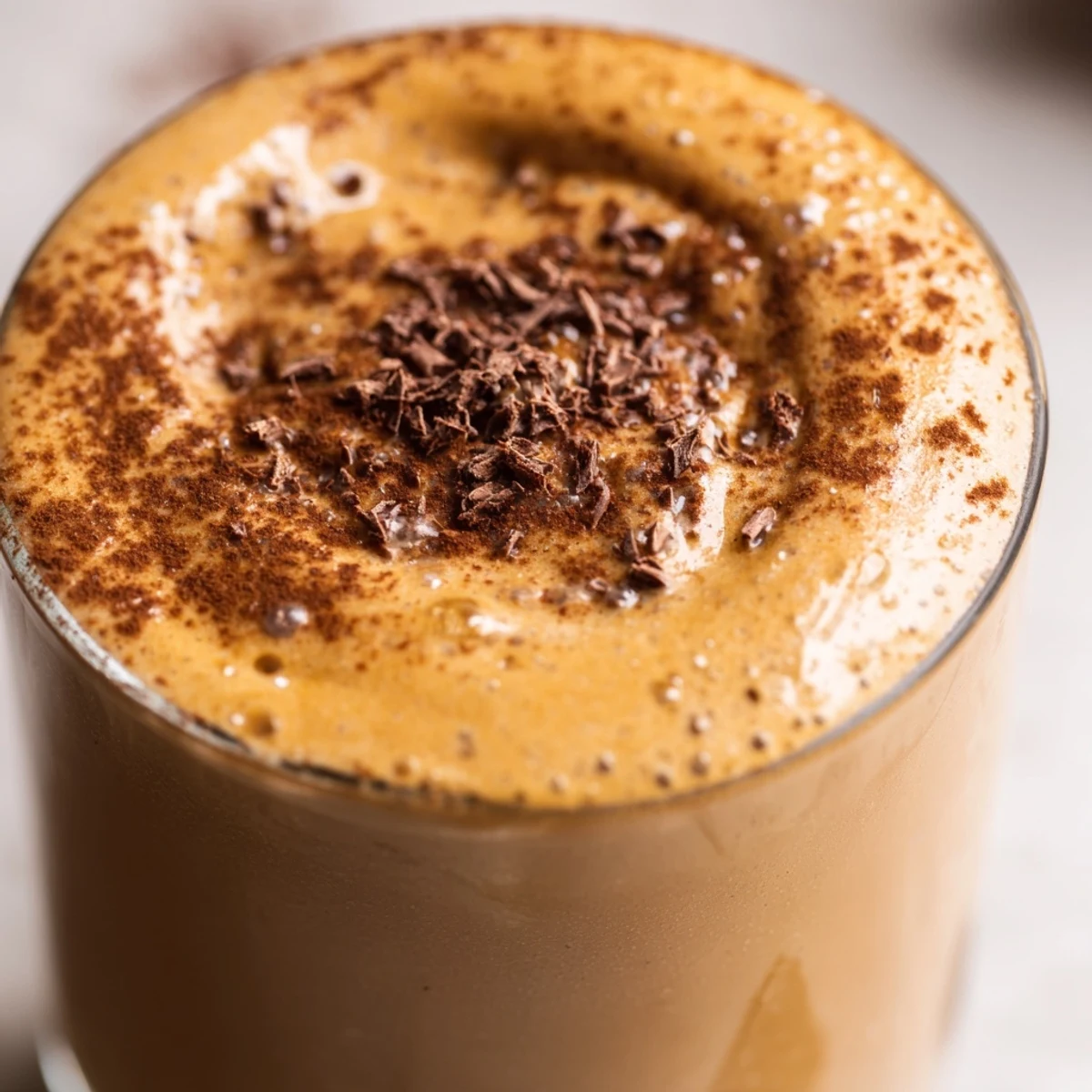 Creamy coffee smoothie in a tall glass topped with chocolate shavings