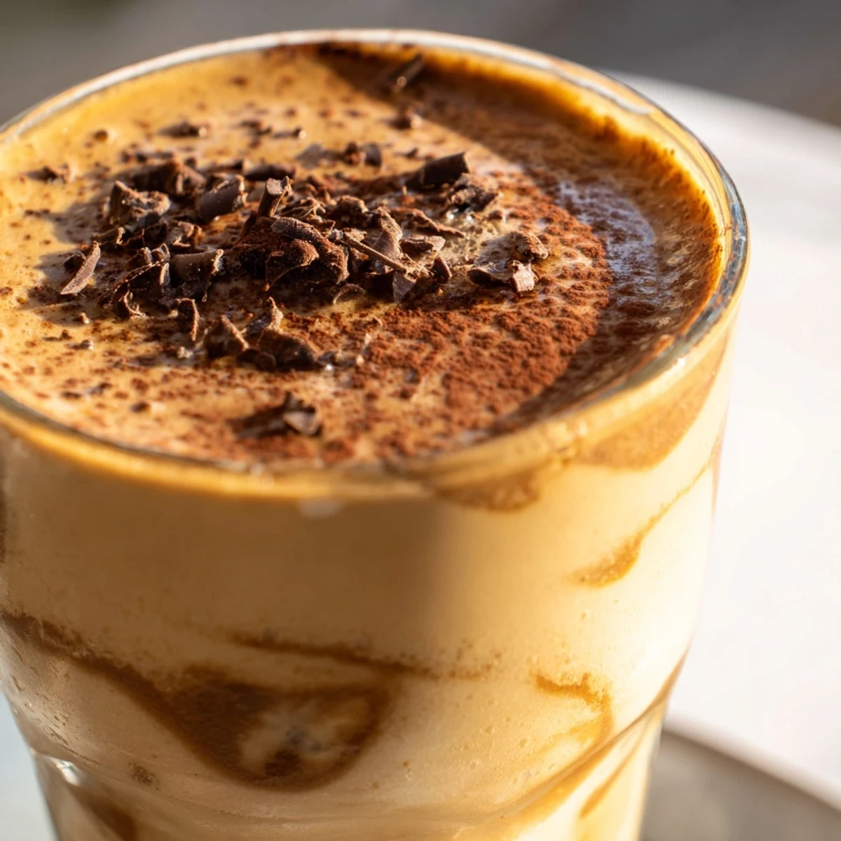 Frothy coffee smoothie blended with ripe banana and a drizzle of honey