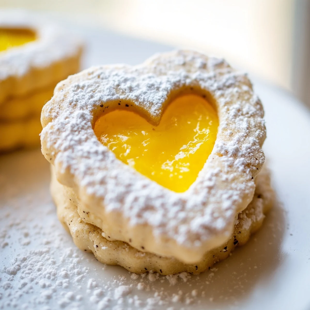 Meyer Lemon Curd Linzer Cookies with powdered sugar dusting and golden almond edges