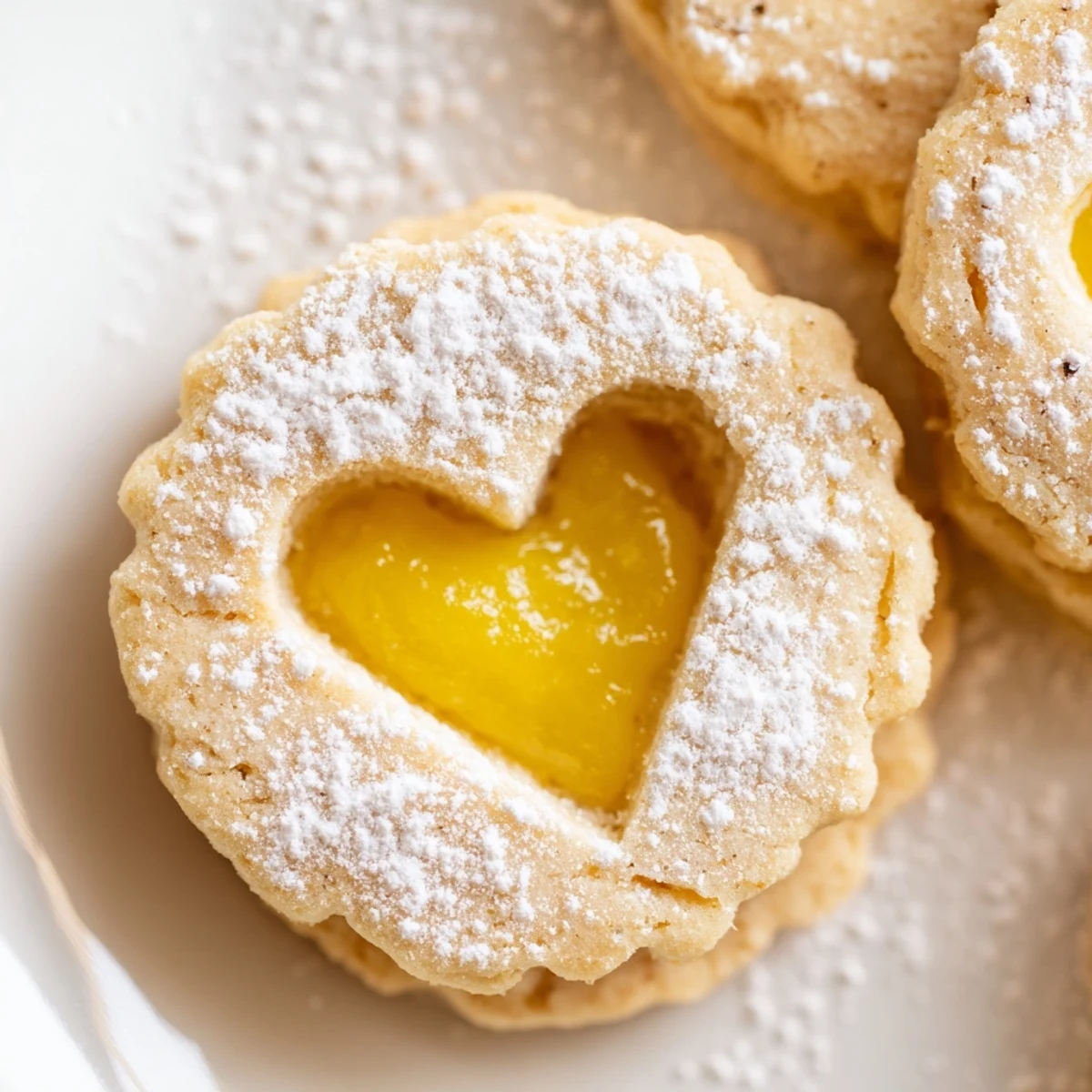 Delicate sandwich cookies revealing bright yellow Meyer lemon curd through decorative cutout windows