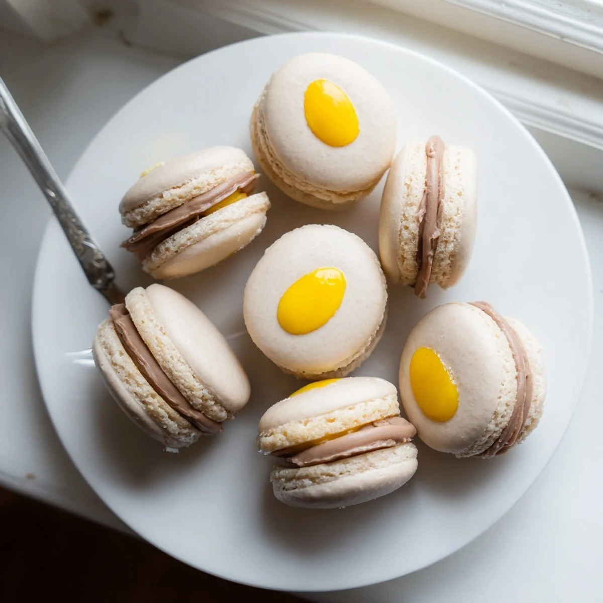 Cadbury Egg macarons with smooth chocolate ganache and sunny yellow yolk centers arranged on a rustic serving plate