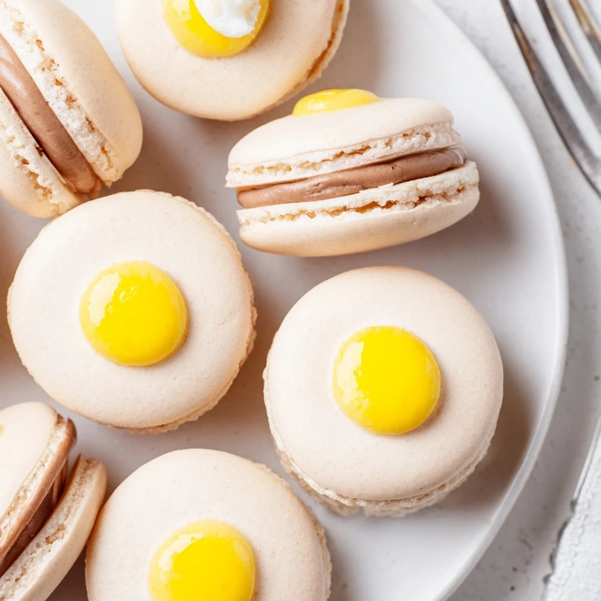Delicate Cadbury Egg macarons featuring creamy milk chocolate filling with golden egg-inspired centers perfect for Easter celebrations
